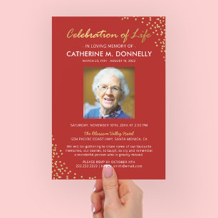 Celebration of Life Funeral Memorial Red Gold Invitation
