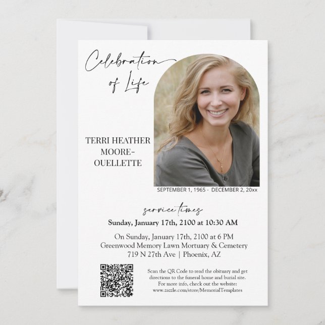 Celebration of Life Funeral Memorial Service Photo Invitation (Front)