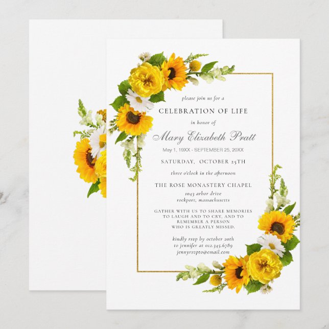 Celebration of Life Funeral Memorial Sunflowers In Invitation (Front/Back)