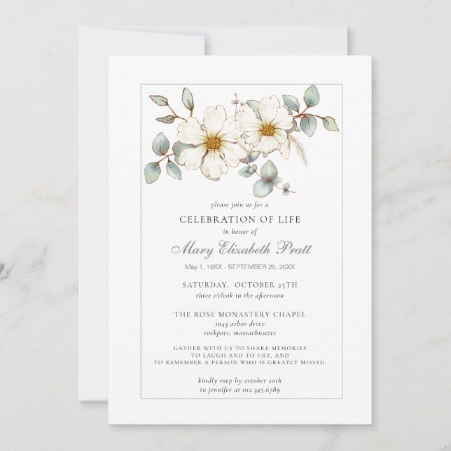 Celebration of Life Funeral Memorial White Floral Invitation (Front)