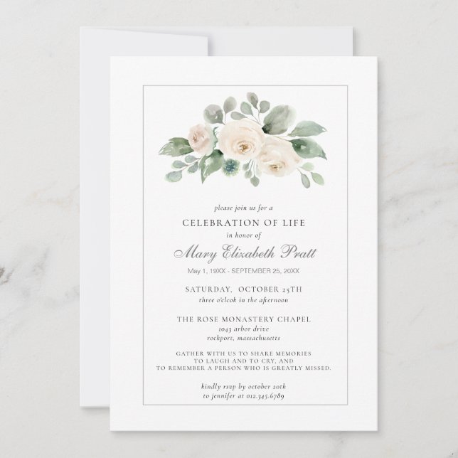 Celebration of Life Funeral Photo White Floral Invitation (Front)