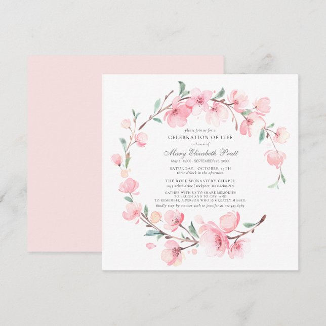 Celebration of Life Funeral Pink Cherry Blossom Invitation (Front/Back)