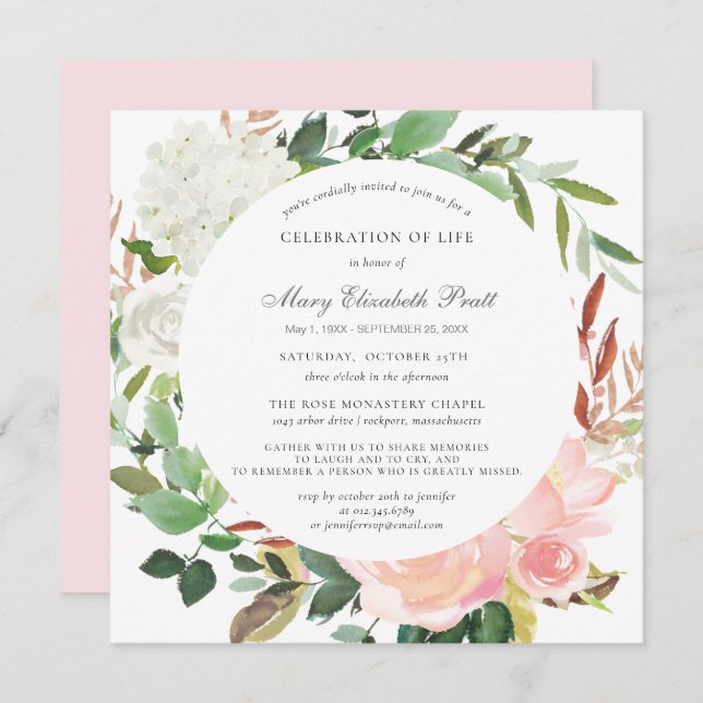 Celebration of Life Funeral Pink White Rose Floral Invitation (Front/Back)