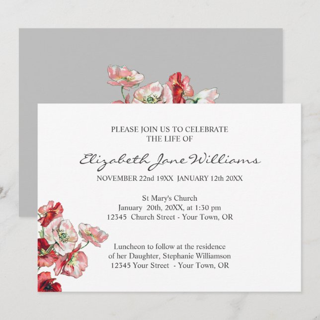 Celebration of Life | Funeral  | Poppy Invitation (Front/Back)
