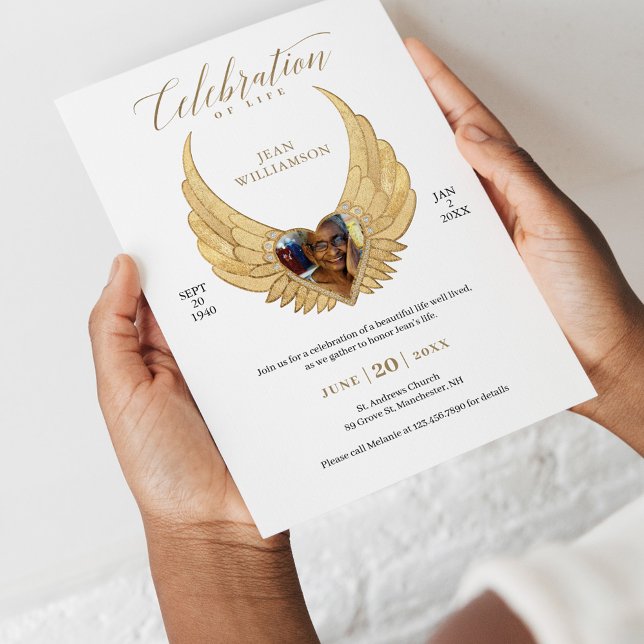 Celebration of Life Gold Angel Wings Photo Invitation (Creator Uploaded)