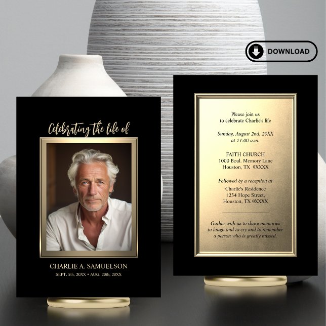 Celebration of Life Gold Black PHOTO Invitation (Modern Celebration of Life Gold Black PHOTO Card | Elegant for men (masculine))