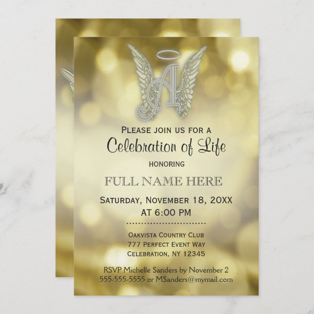 Celebration of Life - Gold Bokeh Invitation (Front/Back)