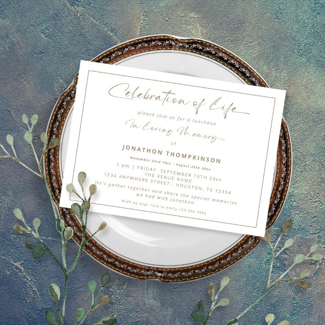 Celebration Of  Life Gold Border Funeral Luncheon  Invitation (Creator Uploaded)