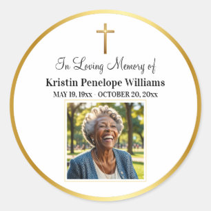 Celebration Of Life Gold Cross Photo Funeral Classic Round Sticker