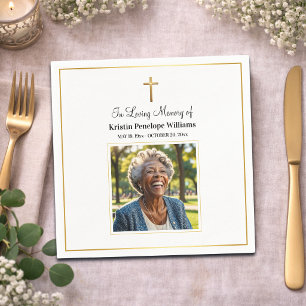 Celebration Of Life Gold Cross Photo Funeral Napkin