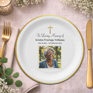 Celebration Of Life Gold Cross Photo Funeral Paper Plate