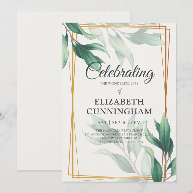 Celebration of Life Green Foliage Gold Geometric Invitation (Front/Back)