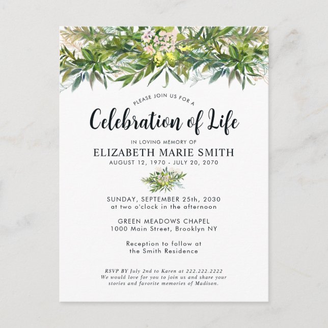 Celebration of Life Greenery Chic Funeral Memorial Postcard (Front)