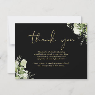 Celebration Of Life Greenery Floral Black And Gold Thank You Card