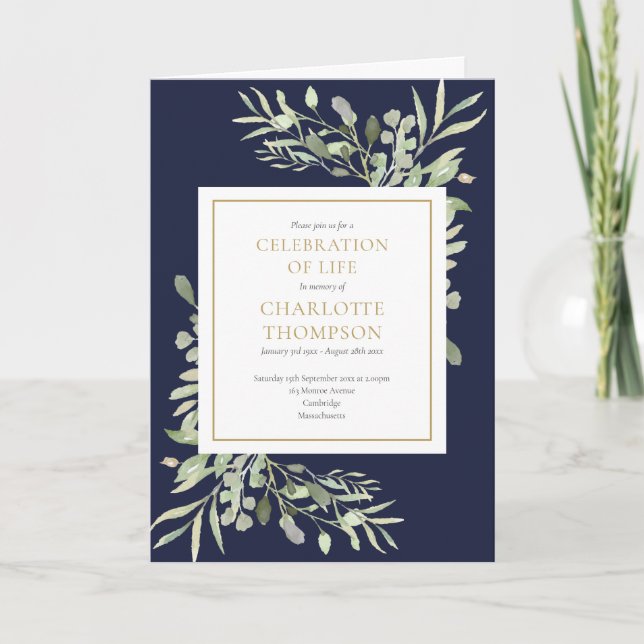 Celebration of Life Greenery Floral Funeral Folded Invitation (Front)