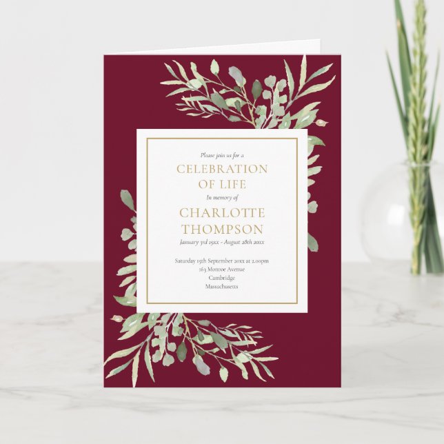 Celebration of Life Greenery Floral Funeral Folded Invitation (Front)