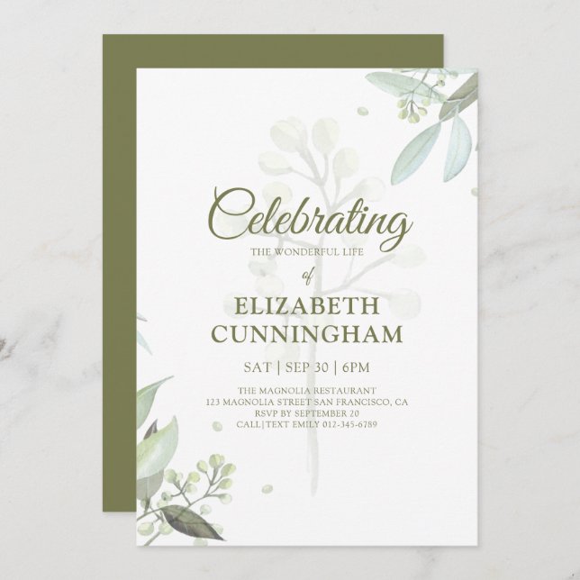Celebration of Life Greenery Foliage Botanicals Invitation (Front/Back)