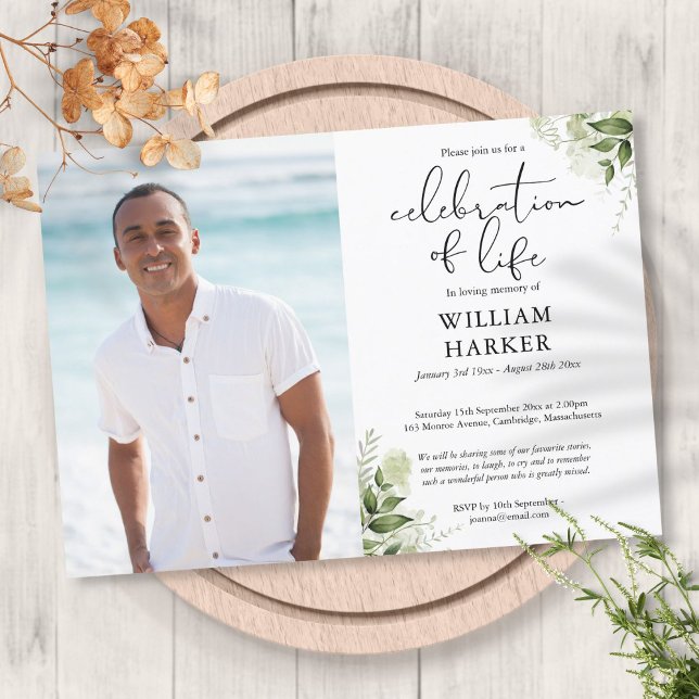 Celebration of Life Greenery Funeral Photo Invitation (Celebration of Life Greenery Funeral Photo Invitation)