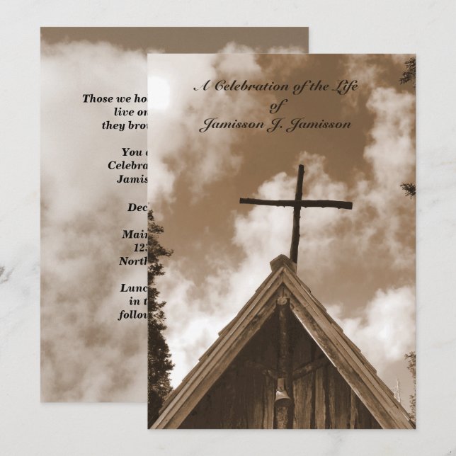 Celebration of Life Invitation, Old Church, Sepia Invitation (Front/Back)