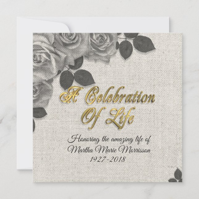 Celebration of life invitation Roses on Linen (Front)