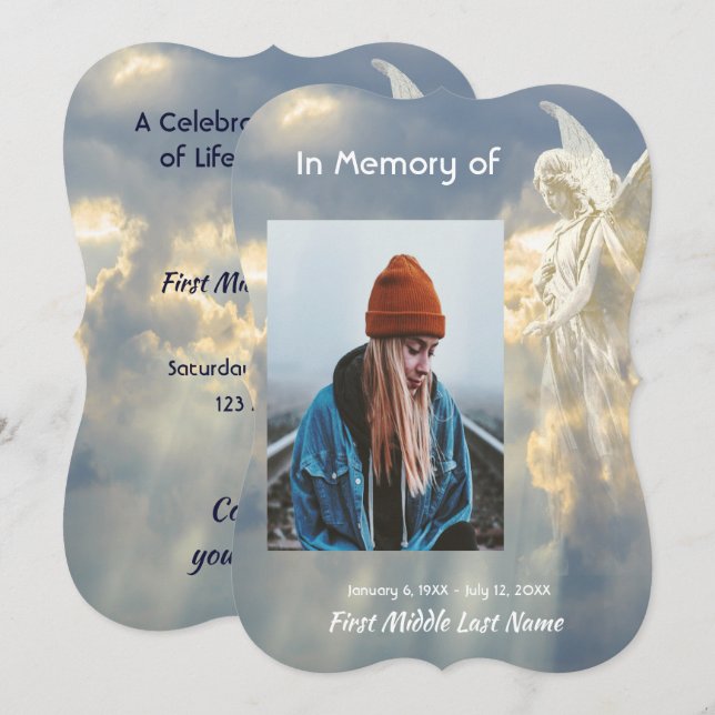 Celebration of Life Invite Angel Sky Clouds (Front/Back)