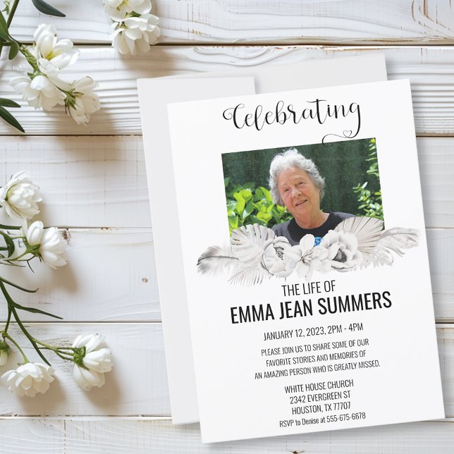 Celebration of Life Memorial Photo Boho White  Invitation (Creator Uploaded)