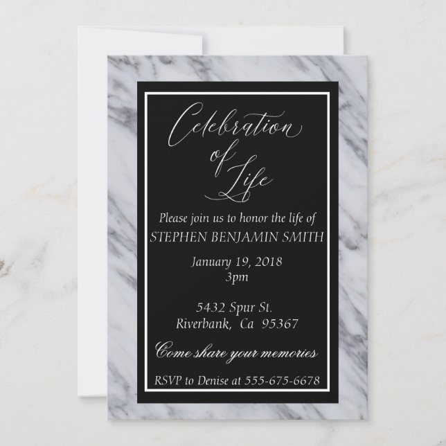 Celebration of Life Memorial Service Black marble Invitation (Front)