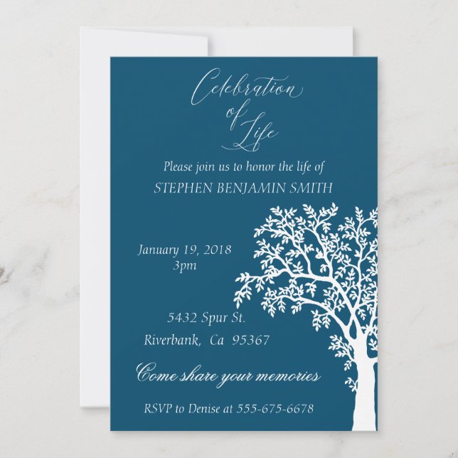 Celebration of Life Memorial Service Navy Tree Inv Invitation (Front)