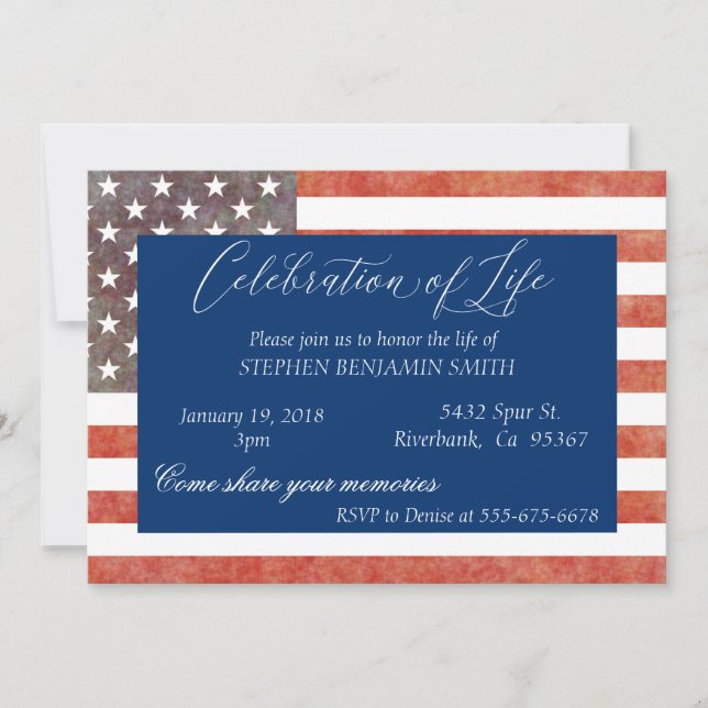Celebration of Life Memorial Service Veteran Flag Invitation (Front)