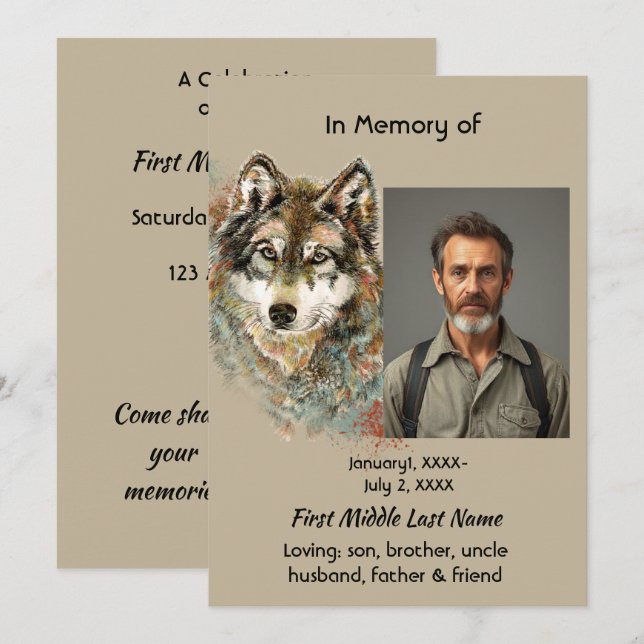 Celebration of Life Memorial Wolf Art Invitation (Front/Back)