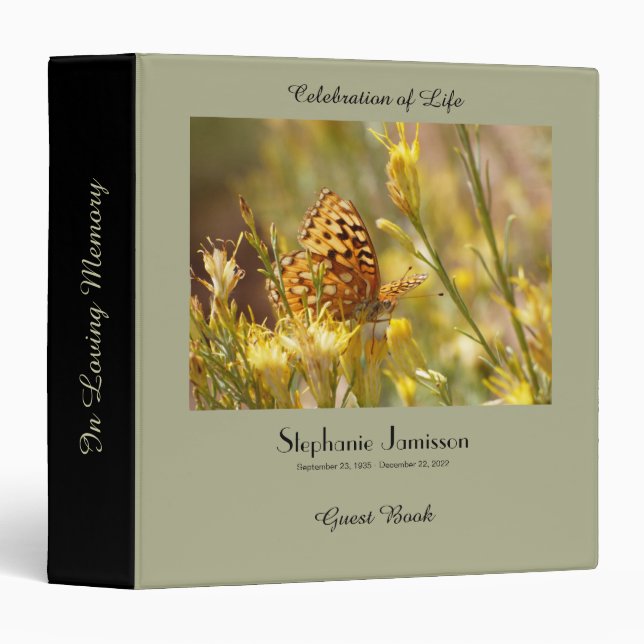 Celebration of Life Memory Book, Yellow Butterfly Binder (Front/Spine)