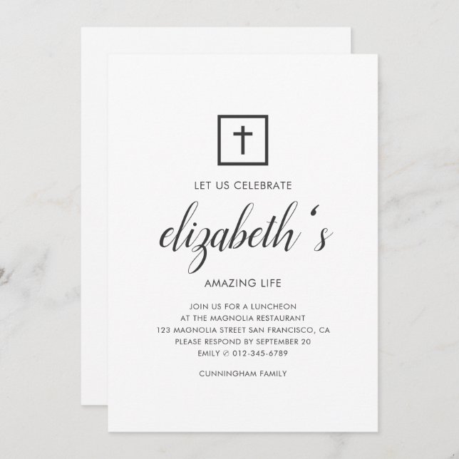 Celebration of Life Minimalist Simple Cross Invitation (Front/Back)