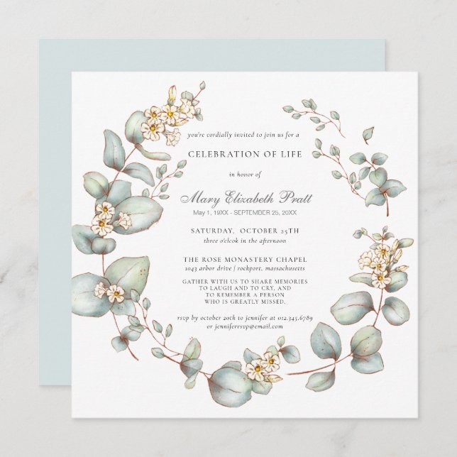 Celebration of Life Modern Botanical White Floral Invitation (Front/Back)