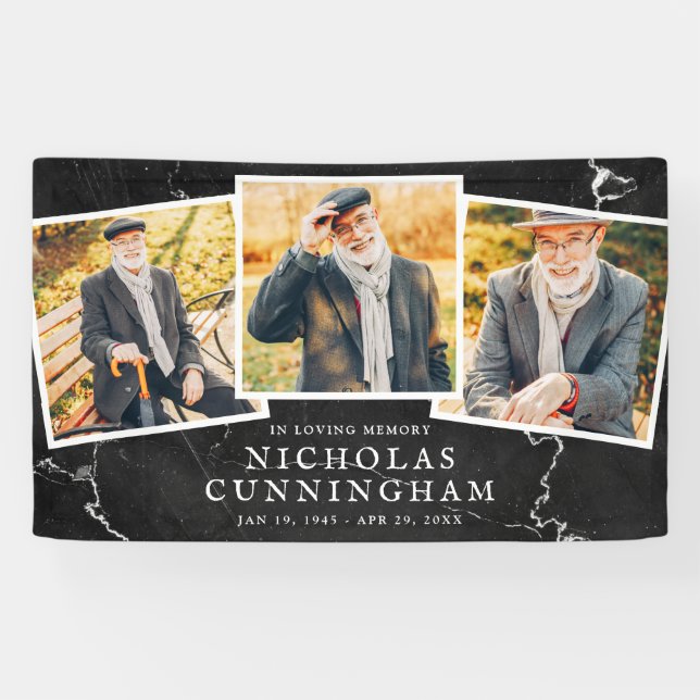 Celebration of Life Modern Dark Stone Three Photo Banner (Horizontal)
