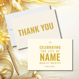 Celebration of Life Modern Ecru & Gold Memorial Thank You Card