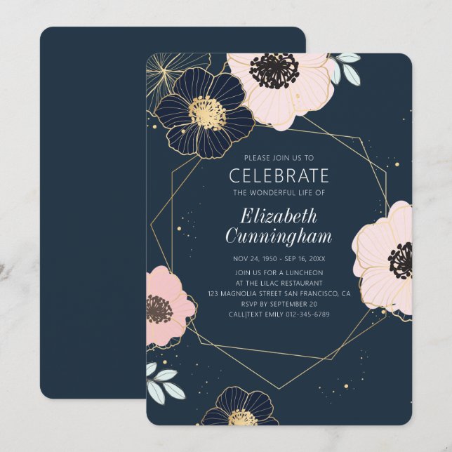 Celebration Of Life Modern Emboss Floral Geometric Invitation (Front/Back)