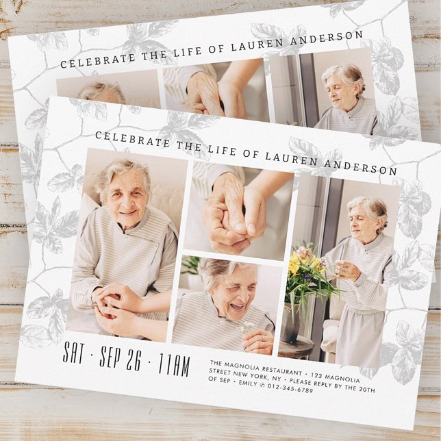 Celebration of Life Modern Foliage 4 Photo Grid Invitation (Creator Uploaded)