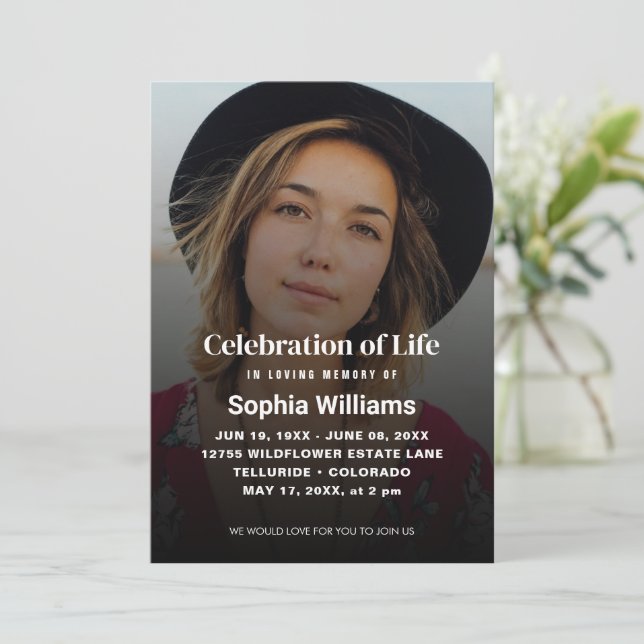 Celebration of Life | Modern Funeral Photo Invitation (Standing Front)