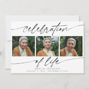 Celebration of Life Modern Script 3 Photo Funeral  Thank You Card