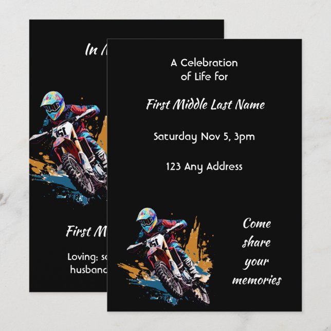 Celebration of Life Motocross Motorcycle Racing  Invitation (Front/Back)