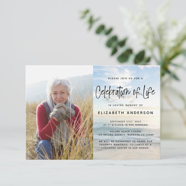 Celebration of Life Ocean Photo Funeral Invitation (Standing Front)