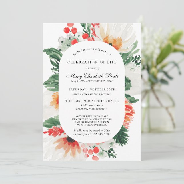 Celebration of Life Orange White Floral Botanical  Invitation (Standing Front)