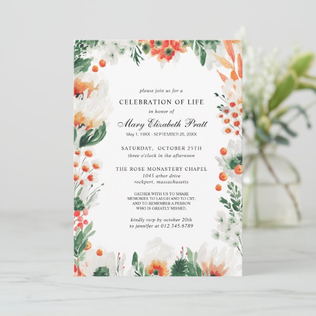 Celebration of Life Orange White Floral Funeral In Invitation (Standing Front)
