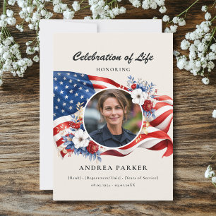 Celebration of Life Patriotic Floral Photo Beige Invitation