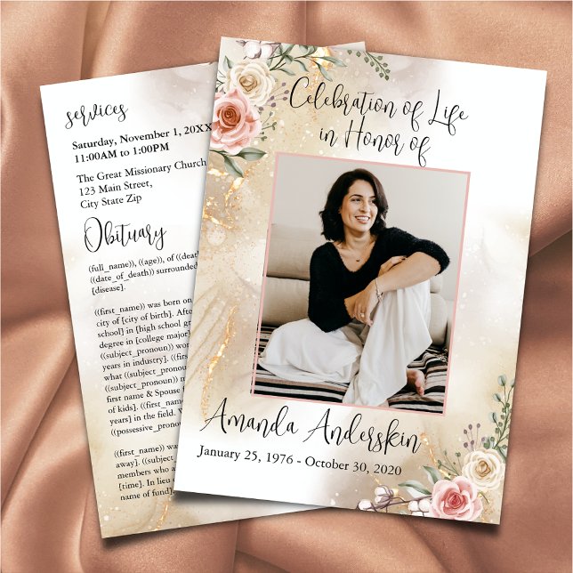 Celebration of Life Peach and Gold Obituary Program (Creator Uploaded)