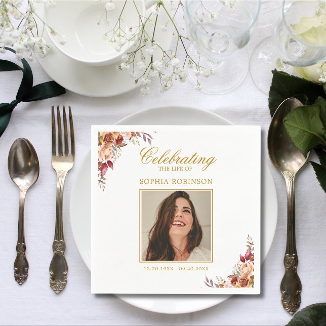 Celebration of Life Photo Floral Memorial Napkin (Creator Uploaded)
