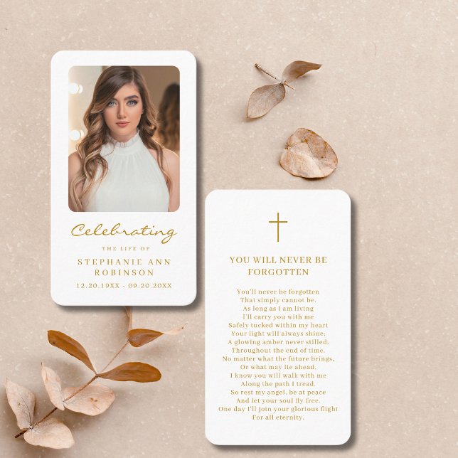 Celebration of Life Photo Gold Funeral Prayer Card (Creator Uploaded)