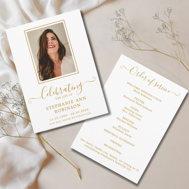 Celebration of Life Photo Gold Order of Service Program (Creator Uploaded)