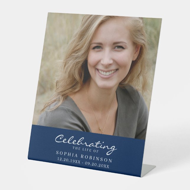 Celebration of Life Photo Memorial Funeral Blue Pedestal Sign (Front)