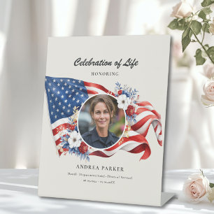 Celebration of Life Photo Patriotic Funeral Beige Pedestal Sign